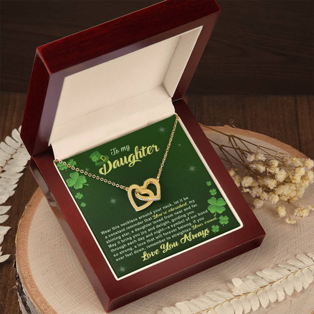 A gift box with a To My Daughter-Near And Far - Interlocking Hearts Necklace and cubic zirconia shamrocks by ShineOn Fulfillment.