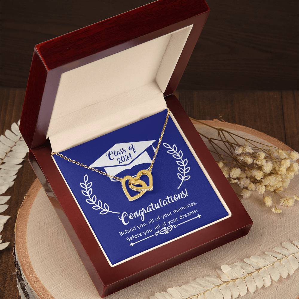 A Before You All Your Dreams - Interlocking Hearts Necklace with infinity symbol, presented in a wooden box with a congratulatory message for the class of 2022 from ShineOn Fulfillment.