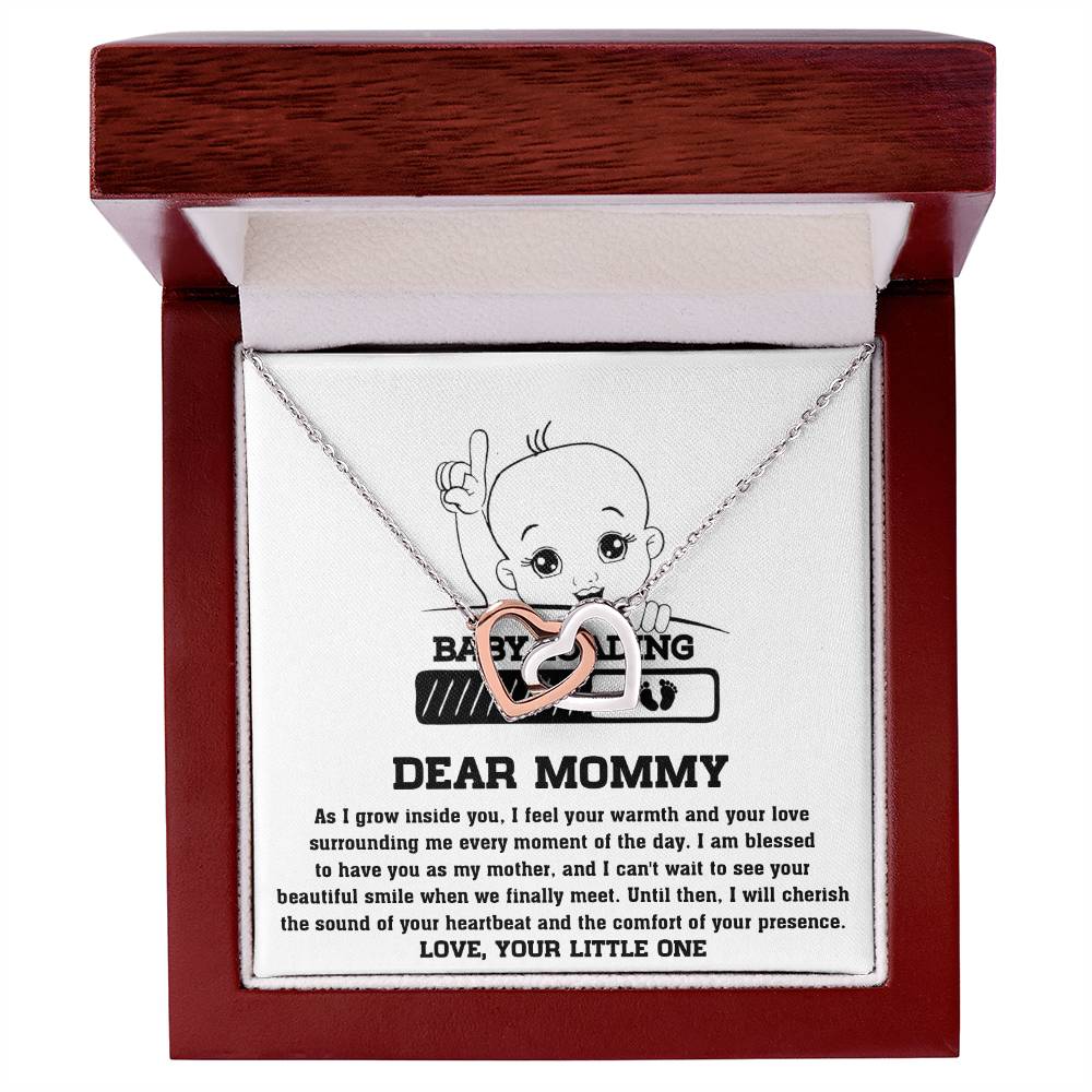 To Mama To Be, Your Little One Necklace with baby-themed pendant in a ShineOn Fulfillment gift box featuring a sentimental message to a mother from her unborn child. This Interlocking Hearts necklace is adorned with cubic zirconia crystals, making it an excellent gift.