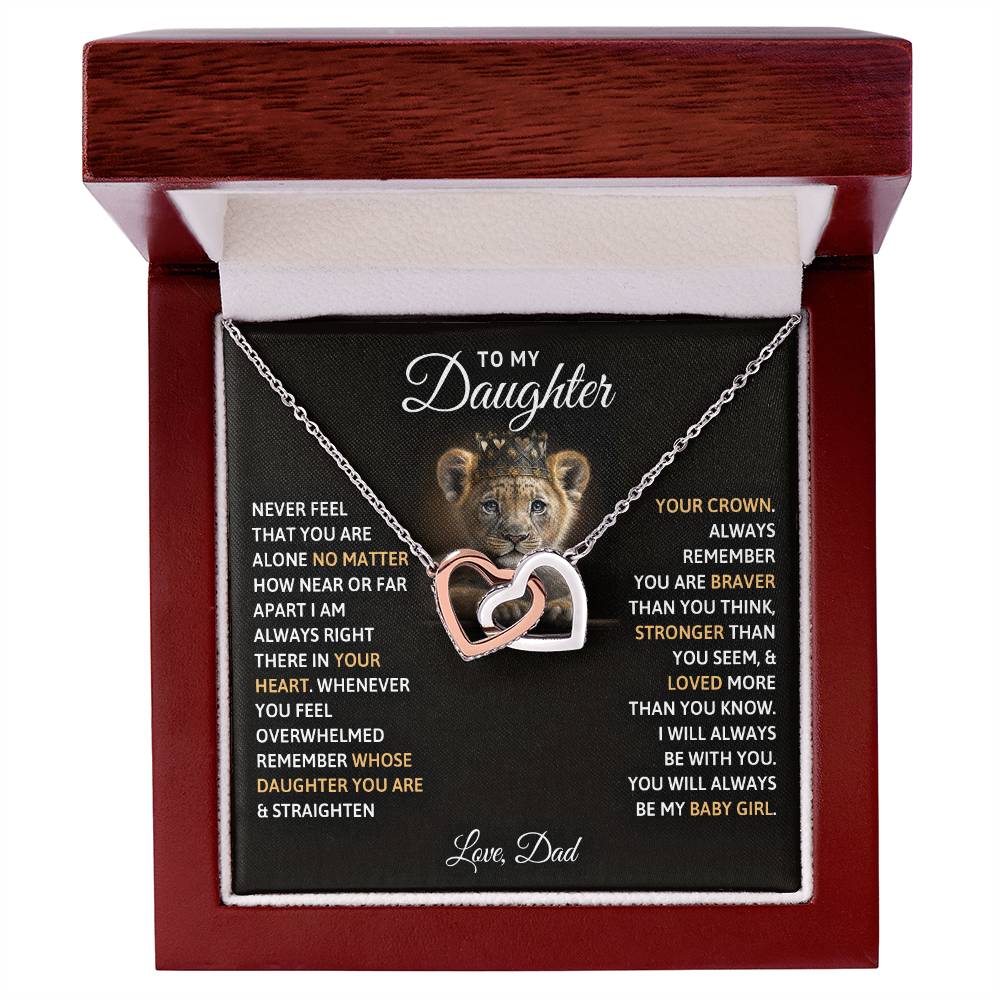 An To My Daughter, You Will Always Be My Baby Girls - Interlocking Hearts Necklace from ShineOn Fulfillment, with cubic zirconia crystals, featuring an affectionate message from a father to a daughter, presented in a gift box.