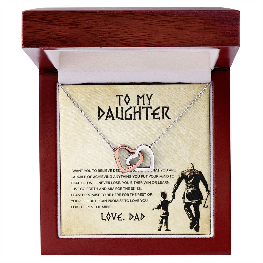 A "To My Daughter, You Will Never Lose - Interlocking Hearts Necklace" by ShineOn Fulfillment with interlocking hearts in a gift box accompanied by a father's heartfelt message to his daughter.