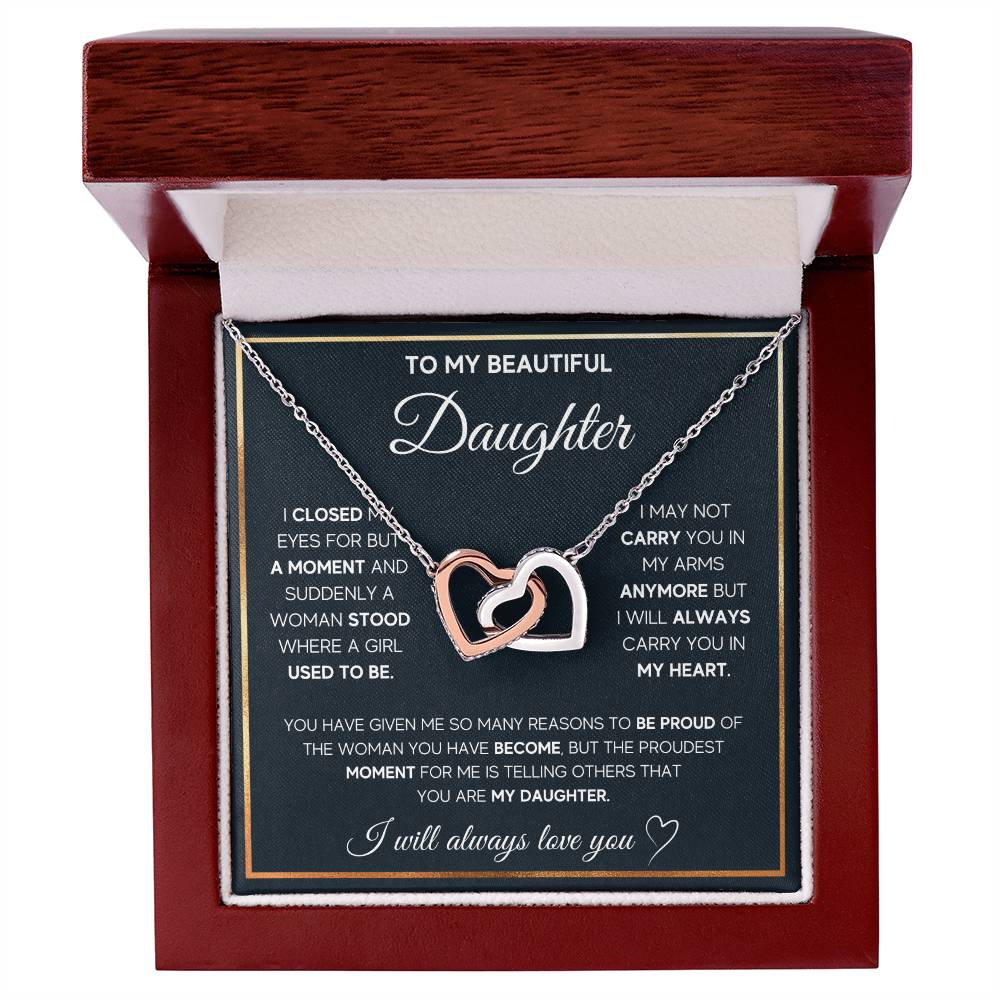 Jewelry gift box with a heartfelt message to a daughter, featuring a ShineOn Fulfillment To My Daughter, I Will Always Carry You In My Heart - Interlocking Hearts Necklace with Cubic Zirconia Crystals.