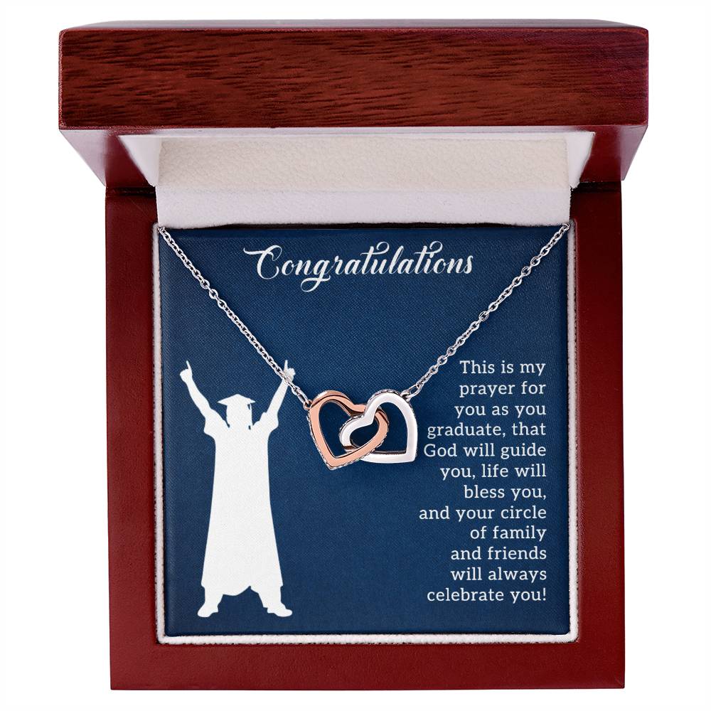 Prayer For Graduation - Interlocking Hearts Necklace in a presentation box with a congratulatory message by ShineOn Fulfillment.