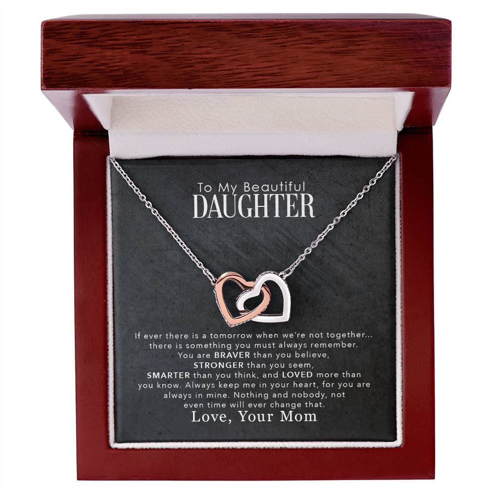 To My Beautiful Daughter, You Are Braver Than You Believe - Interlocking Hearts Necklace pendant necklace in a gift box with an inspirational message from ShineOn Fulfillment.