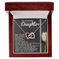 The "Daughter-Heart Love - Interlocking Hearts Necklace" features a silver chain with cubic zirconia-accented hearts in a wooden box. The lid says, "To my beautiful Daughter," and inside, there's a heartfelt letter with an image of a white tulip.