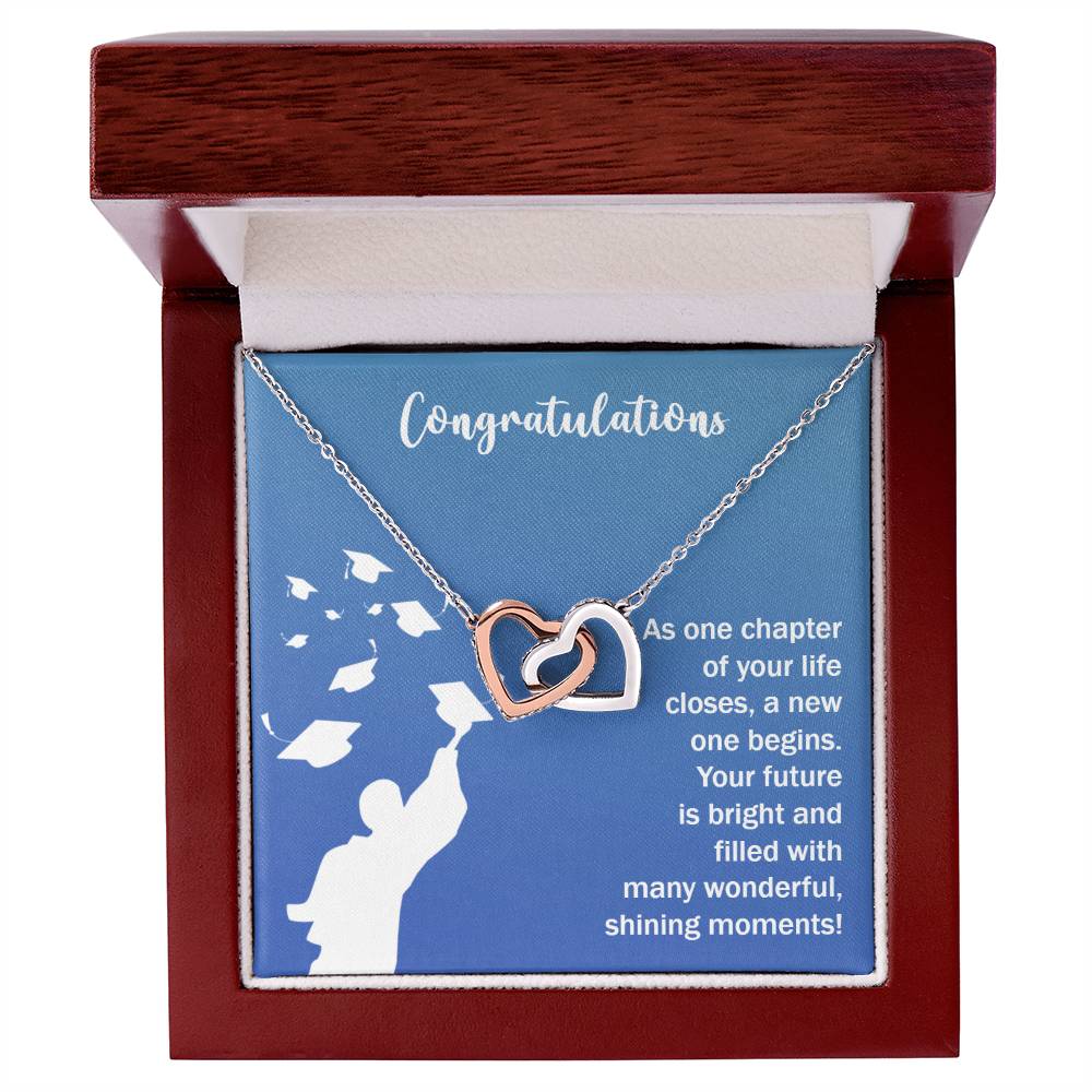 Future Is Bright - Interlocking Hearts Necklace by ShineOn Fulfillment, adorned with Cubic Zirconia crystals in a gift box featuring a graduation congratulatory message.