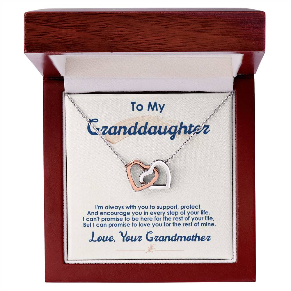 A To My Granddaughter, I Love You For The Rest Of My Life - Interlocking Hearts Necklace featuring interlocking hearts with cubic zirconia crystals, in a gift box with a message from a grandmother to her granddaughter. Created by ShineOn Fulfillment.