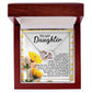 The Daughter-Journey Home Interlocking Hearts Necklace comes in a jewelry gift box featuring a sentimental message to a daughter, with yellow flowers on the background, and includes sparkling cubic zirconia crystals set in surgical steel for love and support.