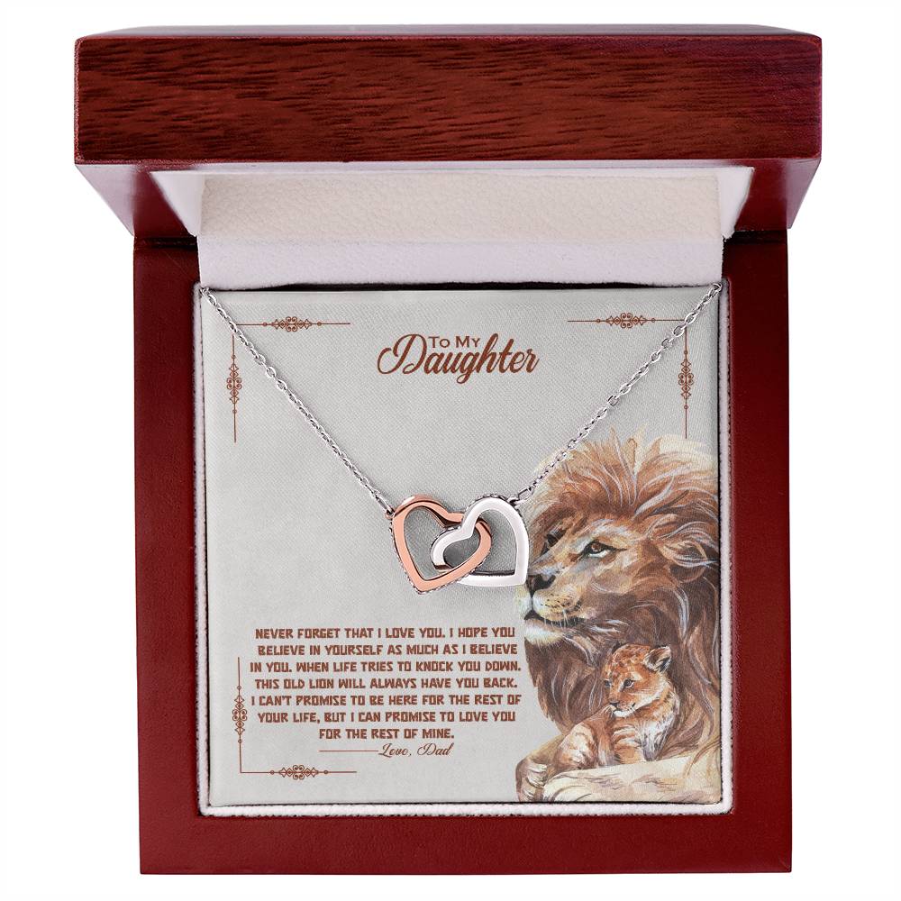 A "To My Beautiful Daughter, I Promise To Love You For The Rest Of My Life - Interlocking Hearts Necklace" from ShineOn Fulfillment, featuring a lion illustration, cubic zirconia crystals, and an inspirational message in a gift box.