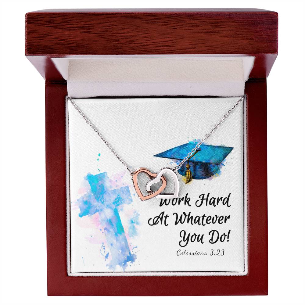 Graduation-themed Work Hard - Interlocking Hearts Necklace in a gift box with inspirational quote and bible verse by ShineOn Fulfillment.
