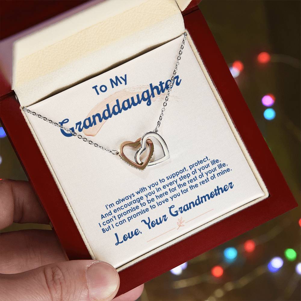 A "To My Granddaughter, I Love You For The Rest Of My Life - Interlocking Hearts Necklace" in a gift box with a loving message from a grandmother. Brand: ShineOn Fulfillment.