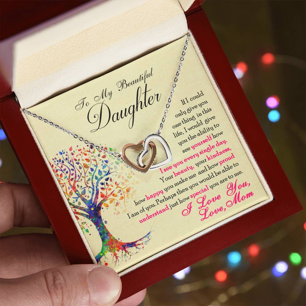 A To My Beautiful Daughter, You Are Special To Me - Interlocking Hearts Necklace by ShineOn Fulfillment in a gift box featuring a sentimental message from a mother to her daughter.