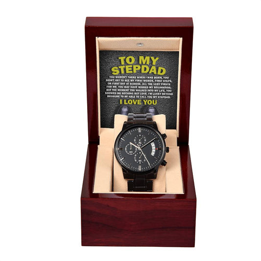 A wristwatch in a wooden box with a message that reads, "To My Stepdad: You didn't give me the gift of life, but life gave me the gift of you." This To Stepdad, Nothing But Love - Metal Chronograph Watch is a perfect blend of elegance and sentiment.