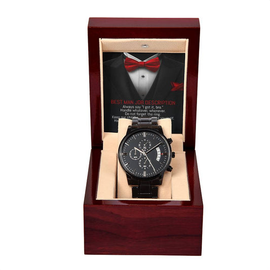 A To Best Man, Want The Job - Metal Chronograph Watch displayed in an open wooden box. The lid features instructions for the best man's duties on a tuxedo design background, enhancing the elegance of its stainless steel frame.