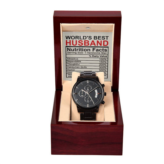 A "To Husband, Nutrition Facts - Metal Chronograph Watch" in a wooden box labeled "World's Best Husband," featuring a luxury copper dial, with a "Nutrition Facts" styled note listing attributes like attractive, dependable, and thoughtful.