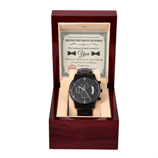 A wristwatch, To Best Man, Official Recognition - Metal Chronograph Watch, featuring a luxury copper dial and elegantly packaged in a wooden box with an engraved plaque that declares "Official Recognition That You Are The Greatest Best Man In The World.