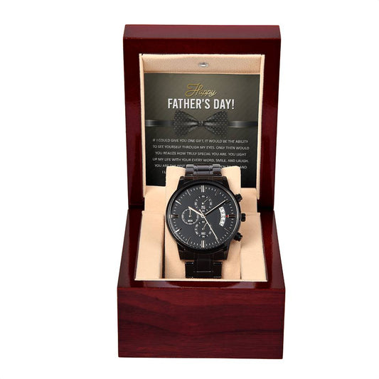 A luxury men's watch nestled in a brown wooden gift box with a "Happy Father's Day!" message displayed behind the **Father's Day, Truly Special - Metal Chronograph Watch**.