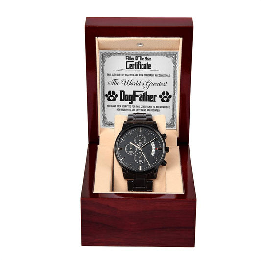 A "To DogFather, The Year Certificate - Metal Chronograph Watch" is displayed in an open, red wooden box with a certificate that reads "The World's Greatest Dog-Father.