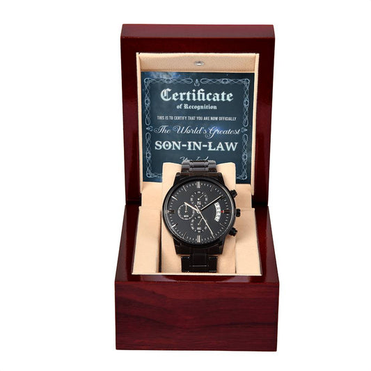 A luxurious *To Son-In-Law, Certificate Of Achievement - Metal Chronograph Watch* with a black strap and copper dial is elegantly displayed in an open wooden box. Behind the watch is a "Certificate of Recognition" for the "World's Greatest Son-In-Law.