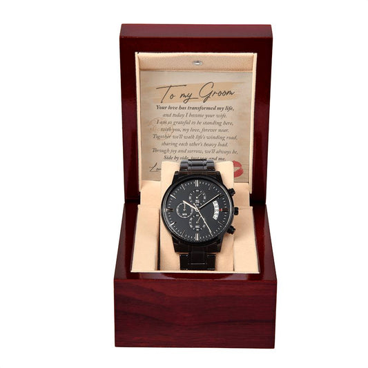 A To My Groom, You And Me - Metal Chronograph Watch in a brown wooden box with a labeled card reading "To my Groom" and a heartfelt message.