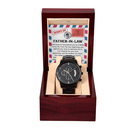 A "To Father-in-law, As A Father - Metal Chronograph Watch" is displayed in an open wooden box with a sentimental note for a father-in-law visible in the background.