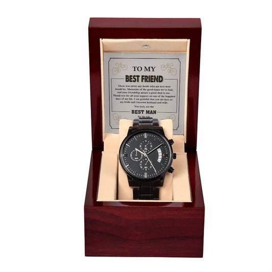 A black chronograph watch with a metallic band is displayed in an open red wooden box. Inside the lid of the box, a message titled "To My Best Man, All Your Support - Metal Chronograph Watch" features a heartfelt note.