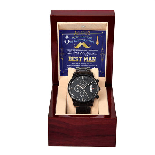 A "To Best Man, World's Greatest - Metal Chronograph Watch" featuring a luxury copper dial was displayed in an open wooden box, with a "Best Man" certificate in the background for an elegant touch.