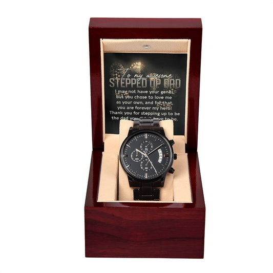A To Stepdad, Be The Dad - Metal Chronograph watch in a wooden box with an inscription on the inner lid expressing gratitude to a stepdad.