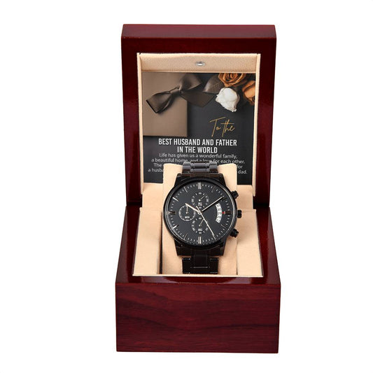 A luxury To Husband, For Each Other - Metal Chronograph Watch in an open wooden display box with a card reading "Best Husband and Father in the World," featuring an image of a bow tie and roses.