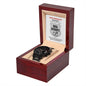 A luxury "Ring Security, Top Secret Mission - Metal Chronograph Watch" in an open wooden box with an invitation behind it labeled "Top Secret Mission," requesting ring security with wedding rings illustration.