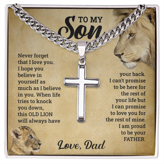 A ShineOn Fulfillment hypoallergenic stainless steel pendant with "To My Son, This Old Lion Will Always Have Your Back" message and images of lions on an adjustable Cuban link chain.