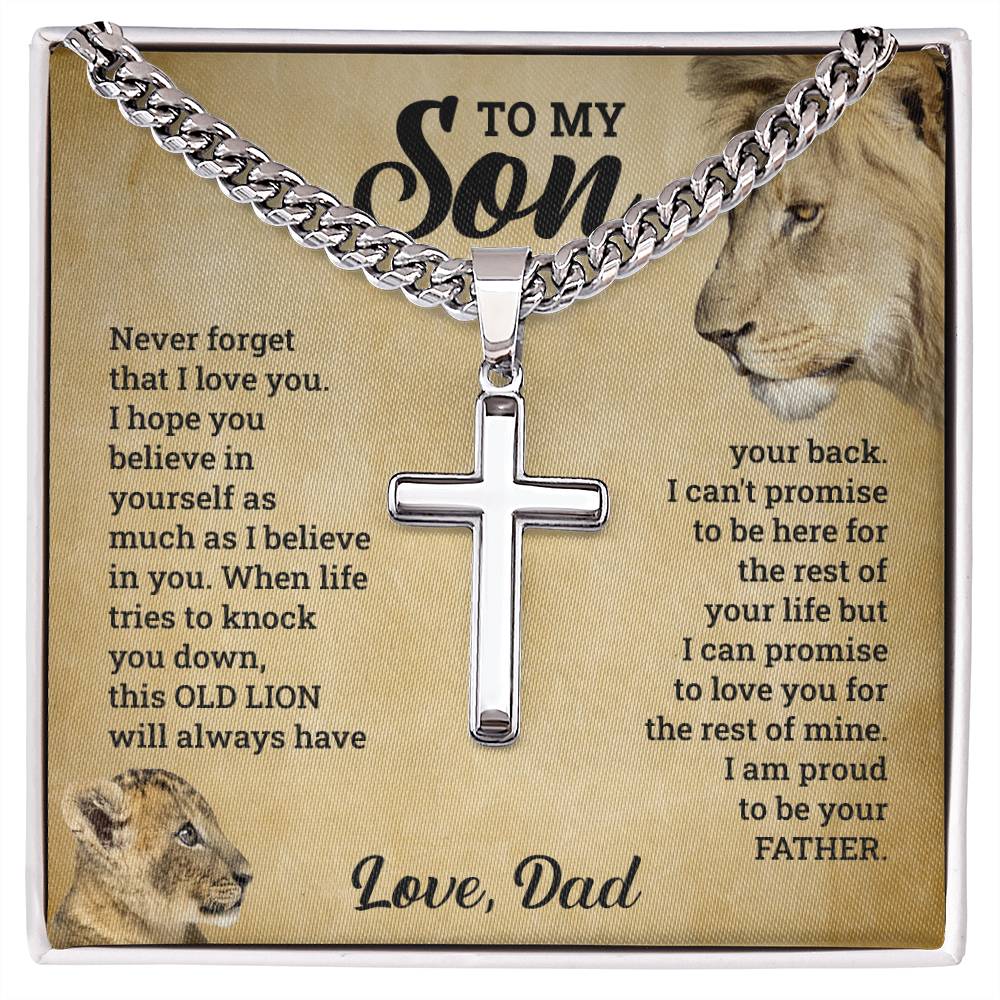 A ShineOn Fulfillment hypoallergenic stainless steel pendant with "To My Son, This Old Lion Will Always Have Your Back" message and images of lions on an adjustable Cuban link chain.