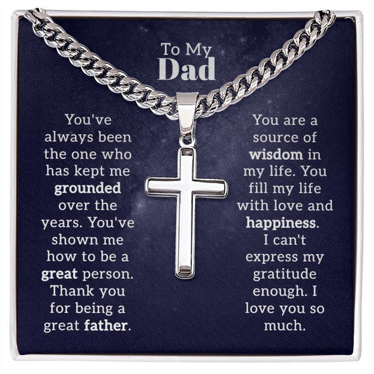 A To Dad - Keep Me Grounded - Cross on Cuban Link Chain pendant from ShineOn Fulfillment displayed on a blue background with a sentimental message to a father.