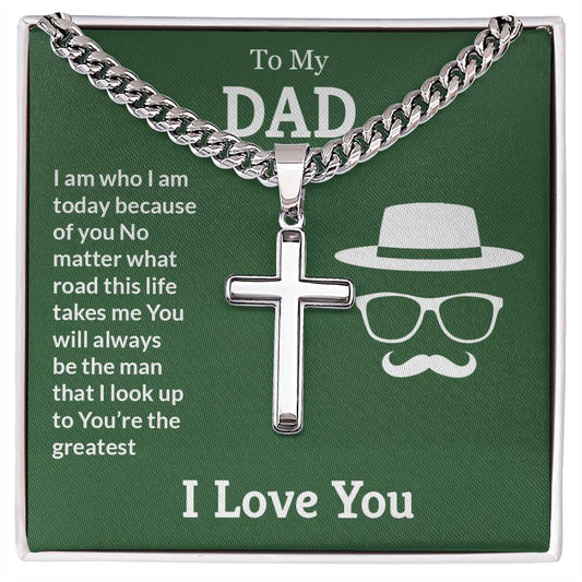 Silver necklace with a Dad - You are the greatest - Cross on Cuban Link Chain displayed on a green background with a sentimental message to a father by ShineOn Fulfillment.