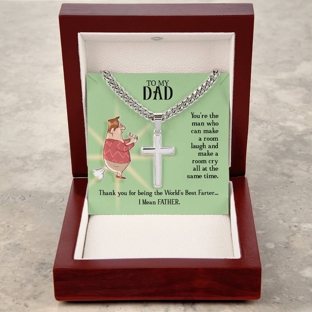 A Dad- World Best Farter - Cross on Cuban Link Chain by ShineOn Fulfillment inside a gift box with a humorous message for a dad.