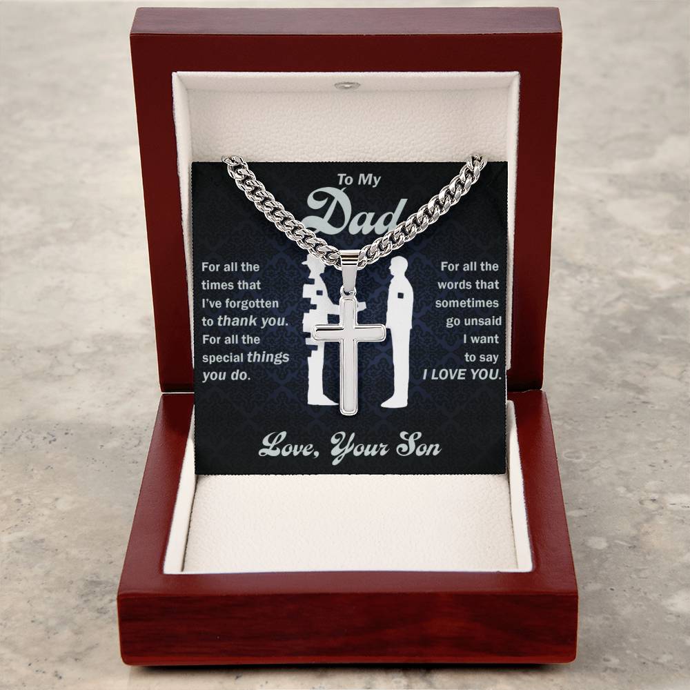 A To My Dad, Thank You For Everything - Cross on Cuban Link Chain necklace from ShineOn Fulfillment in a gift box featuring a sentimental message from a son to his father.