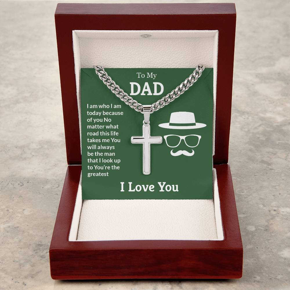 A "Dad - You are the greatest" necklace with an adjustable Cuban link chain and a polished stainless steel pendant of a man with a hat and glasses, presented in a box with a loving message for a father by ShineOn Fulfillment.