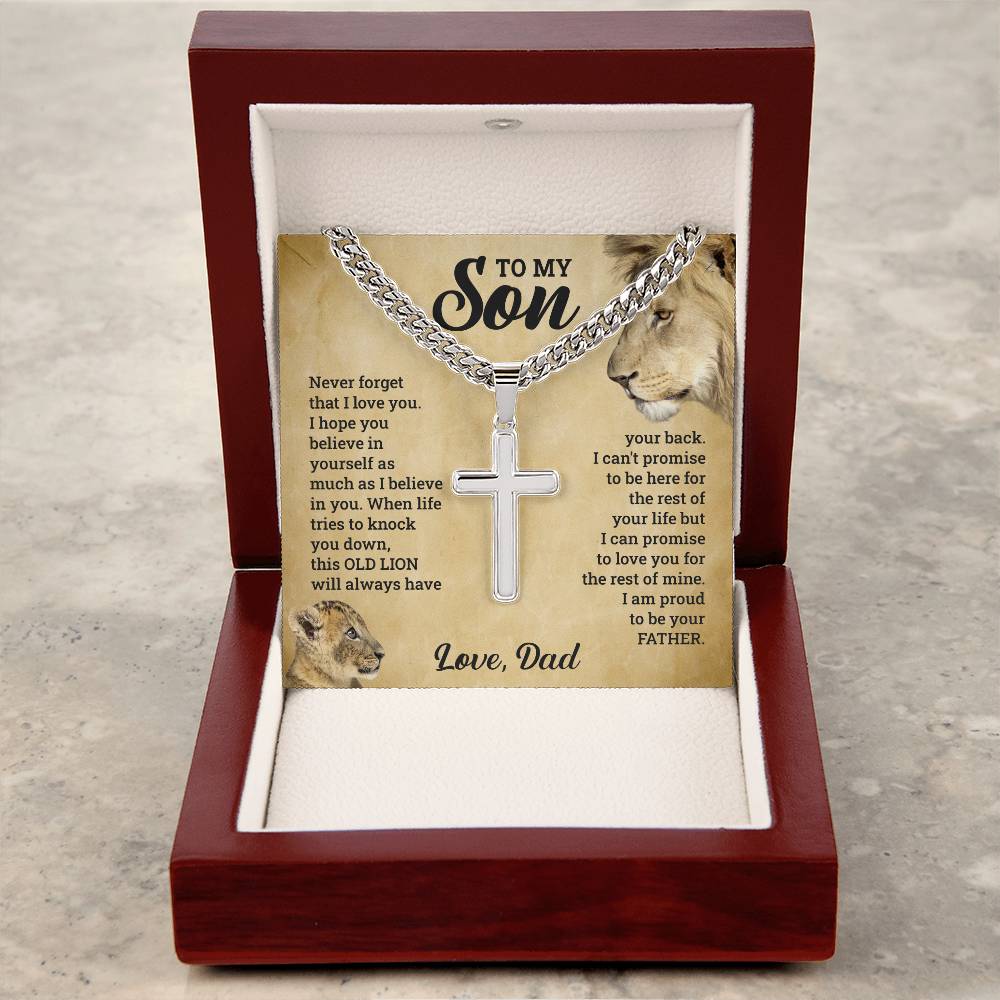Silver necklace with the To My Son, This Old Lion Will Always Have Your Back - Cross on Cuban Link Chain pendant presented in a gift box with an inspirational message to a son from a father by ShineOn Fulfillment.