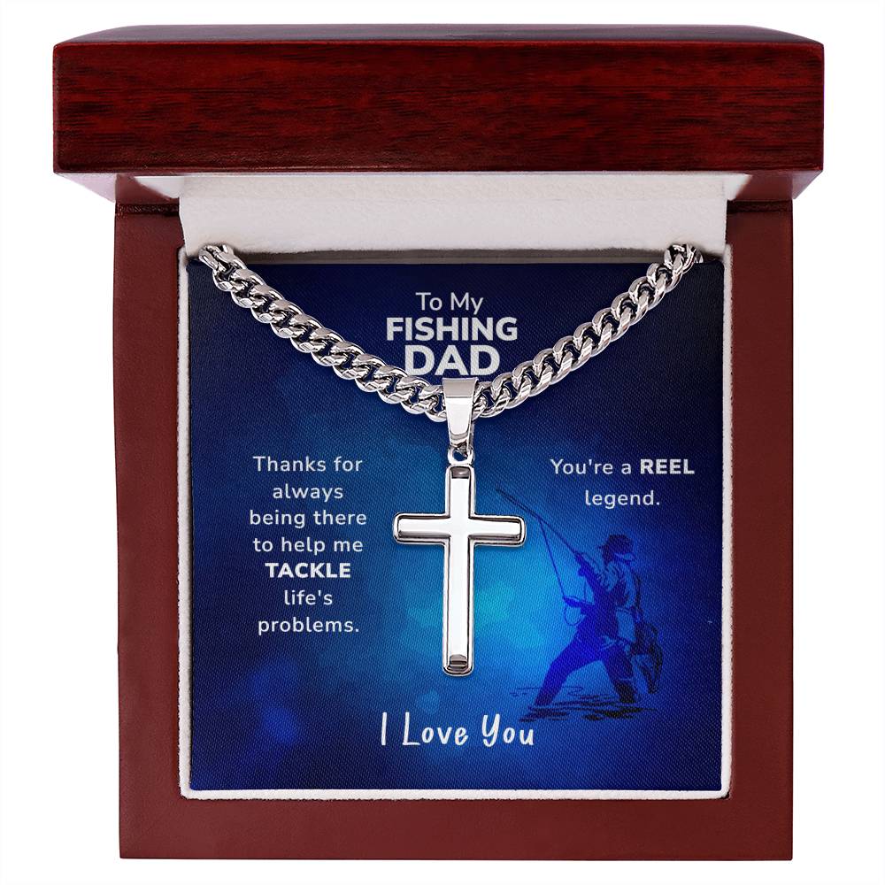 ShineOn Fulfillment's To Fishing Dad - You Are A Reel Legend - Cross on Cuban Link Chain in a gift box with a message for a father who enjoys fishing.