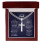 A polished stainless steel Cuban chain with the "To Dad - Keep Me Grounded - Cross on Cuban Link Chain" necklace inside a gift box with a sentimental message for a father by ShineOn Fulfillment.