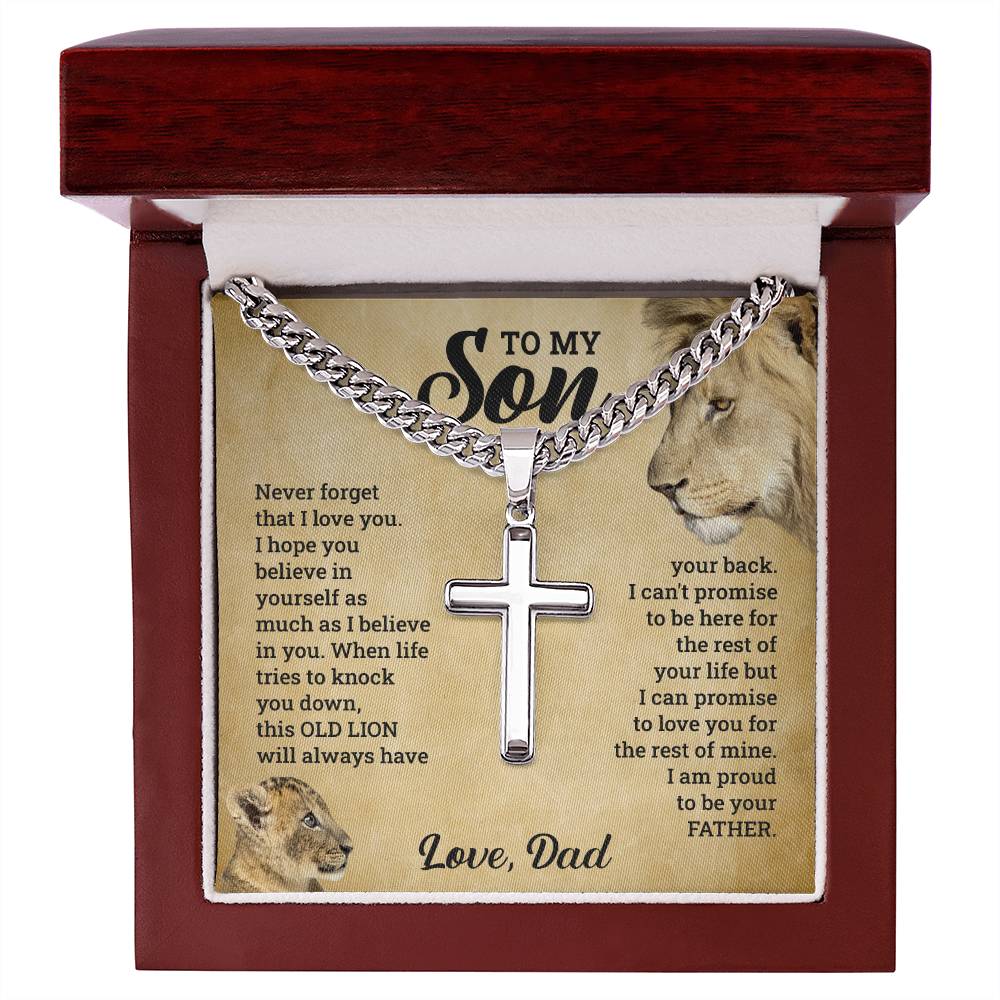 A To My Son, This Old Lion Will Always Have Your Back - Cross on Cuban Link Chain Necklace in a gift box with a sentimental message from ShineOn Fulfillment.