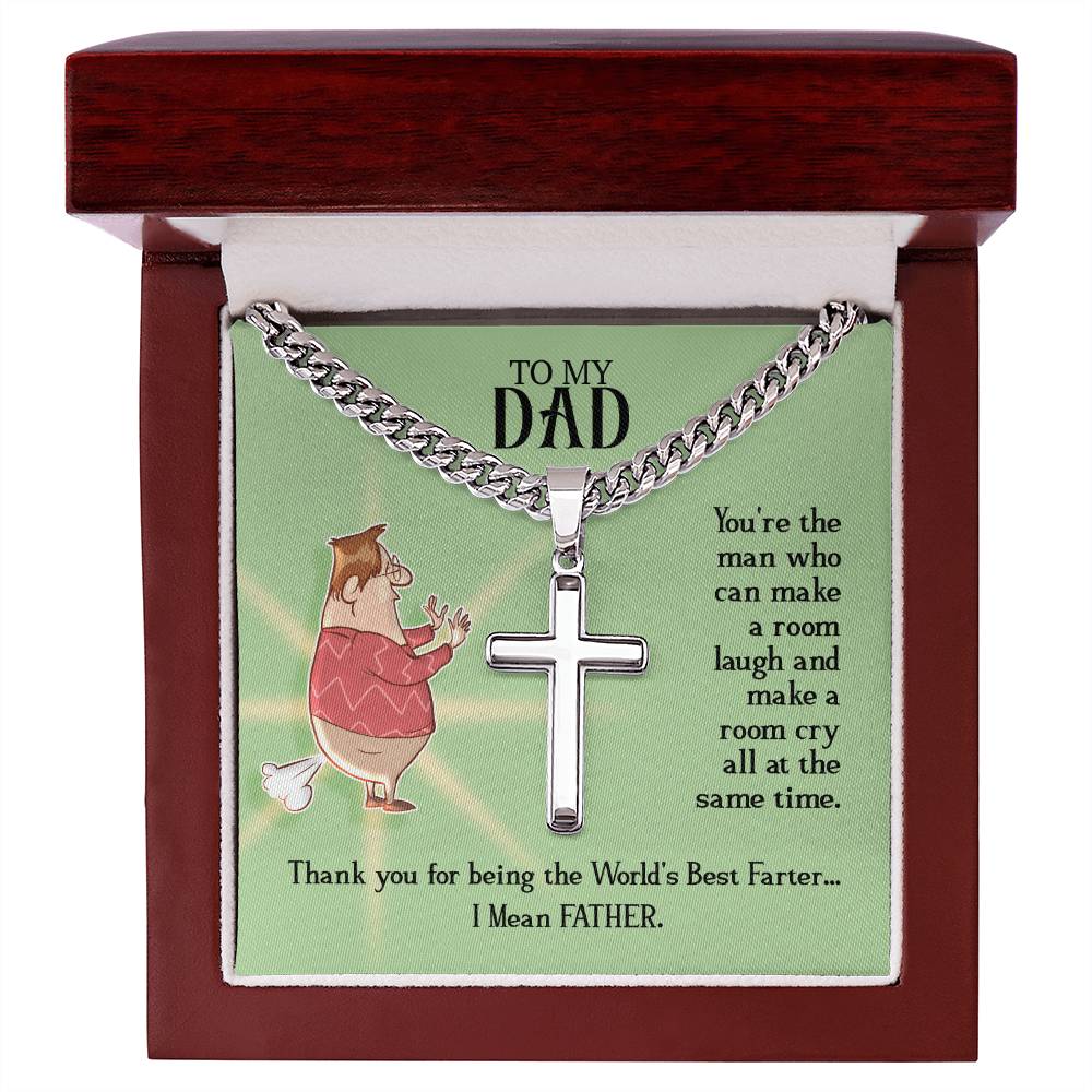 Dad- World Best Farter - Cross on Cuban Link Chain by ShineOn Fulfillment, featuring a sentimental message for a father with wordplay on "farter" and "father," made from polished stainless steel.