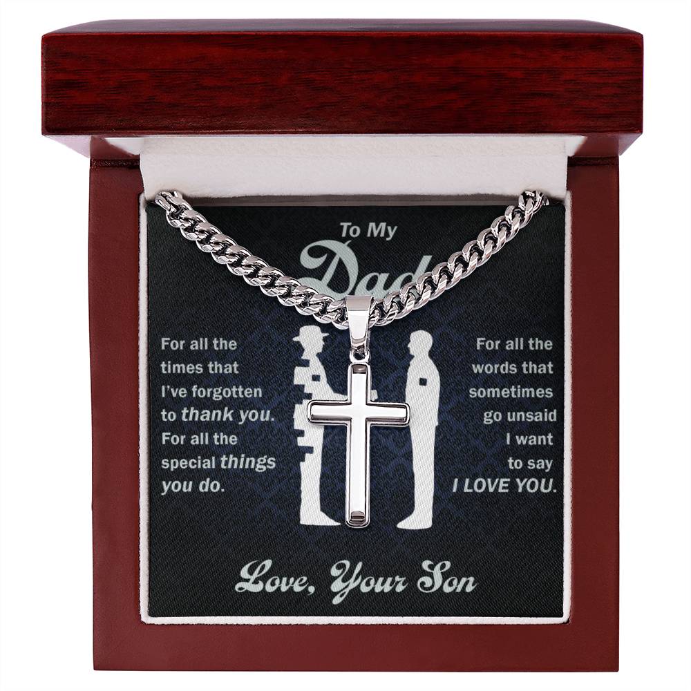 To My Dad, Thank You For Everything - Cross on Cuban Link Chain necklace in a gift box with a sentimental message for a father from a son, featuring an adjustable Cuban chain and stainless steel pendant by ShineOn Fulfillment.