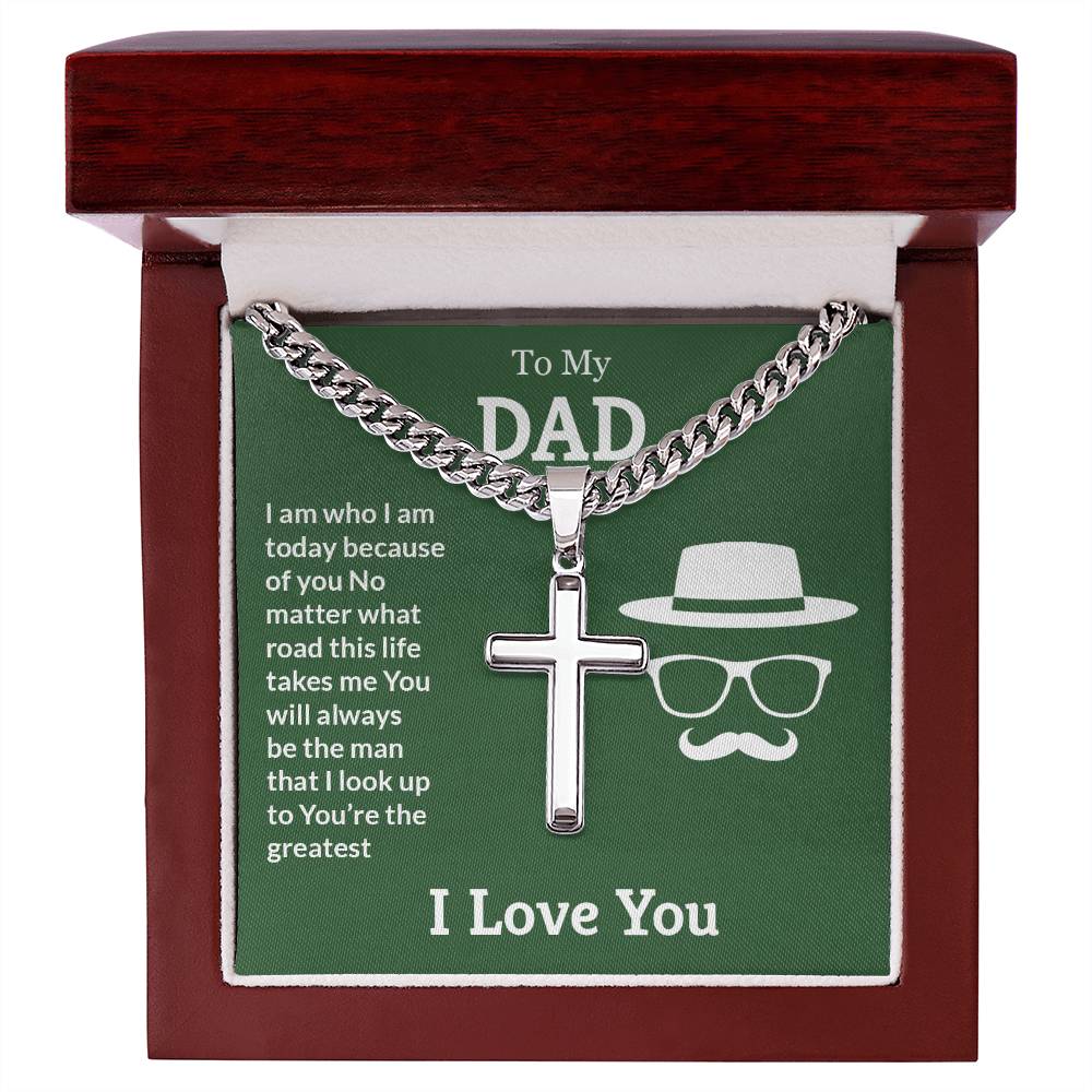 Silver cross necklace with an adjustable ShineOn Fulfillment Cuban link chain in a gift box and a sentimental message for a father.