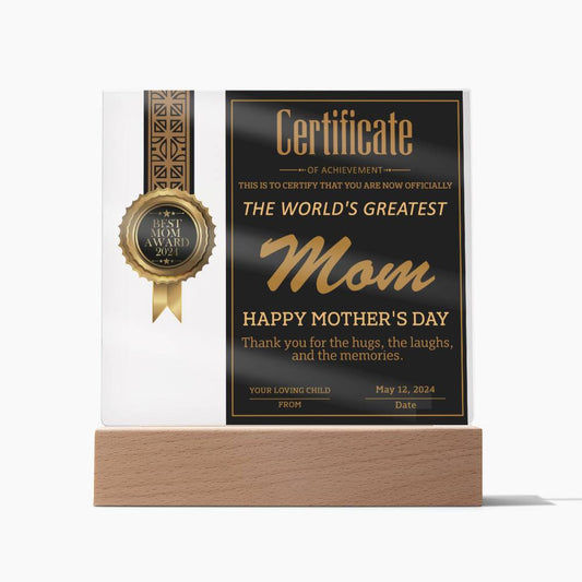 A mother's day certificate in a frame with a gold seal, labeled "world's greatest mom" on an LED wooden base, dated May 12, 2024.
