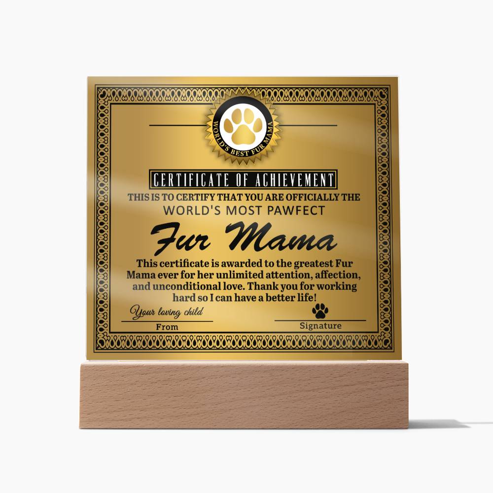 A gold-themed To Fur Mama, Certificate of Achievement - Acrylic Square Plaque proclaims the recipient as the "world's most perfect fur mama." It sits on an LED wooden base.