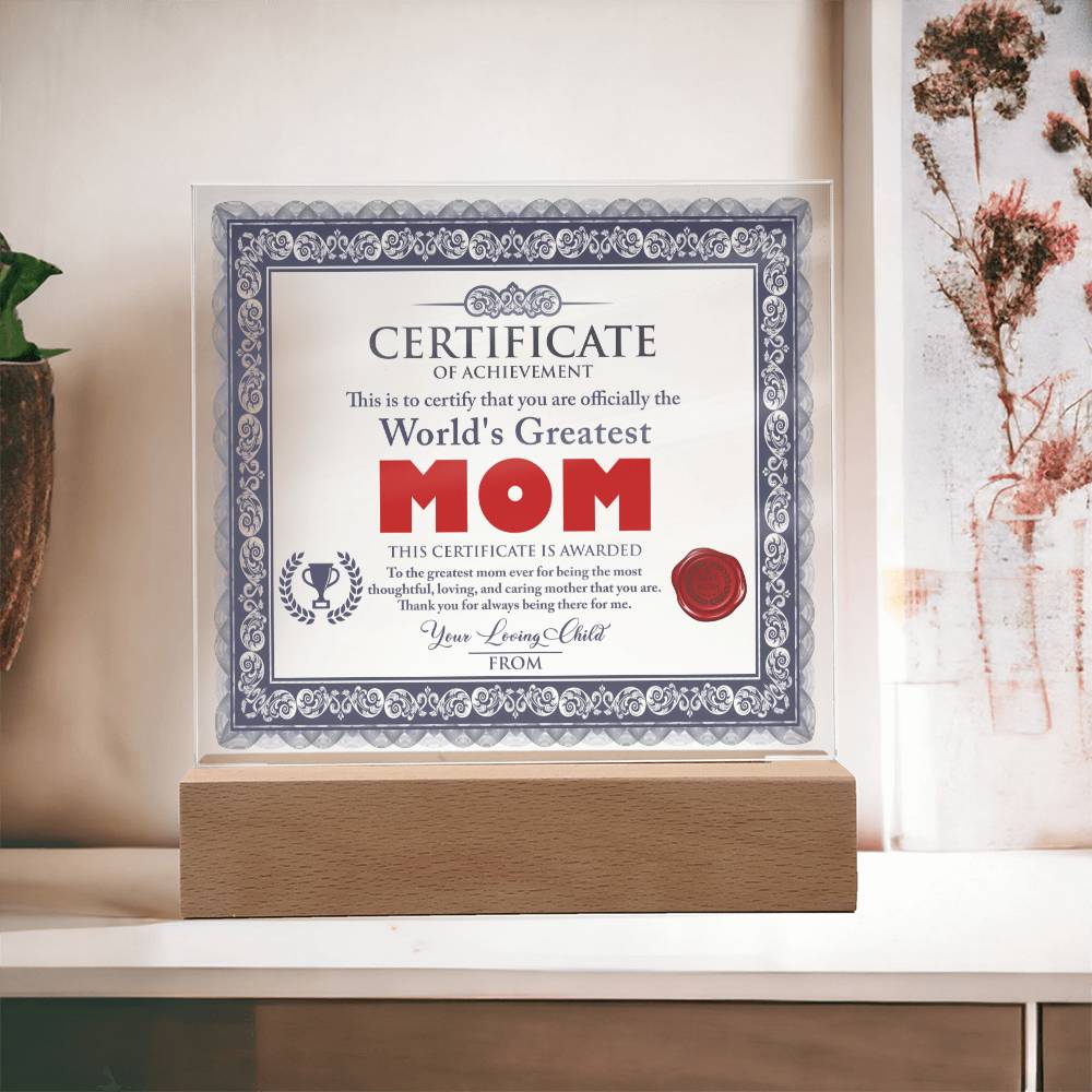 To Mom, World's Greatest Mom Acrylic Square Plaque
