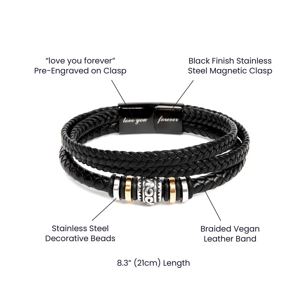 Sentence with product name: Gift box containing a To Stepdad, Care For Me - Love You Forever Bracelet and a card reading "amazing stepdad - you are not just a stepdad, you are the dad who stepped up.