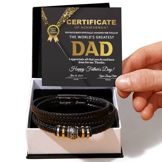 A To Dad, The Title Of - Love You Forever Bracelet in a box with a Father's Day card titled "Certificate of Achievement" for the "World's Greatest Dad," dated June 16, 2024.