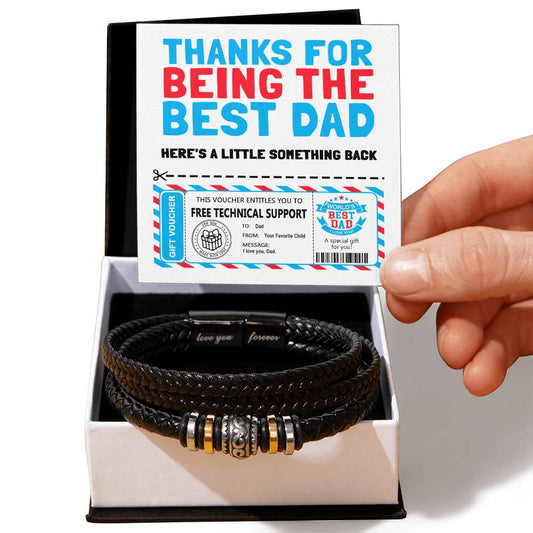 Hands holding a "To Dad, Gift Voucher - Love You Forever Bracelet" above a black vegan leather bracelet with decorative metal accents, in a box.